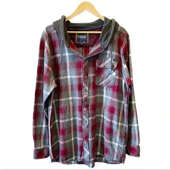 KOLBY Mens Flannel Shirt Button Up Shacket Hoodie Burgundy Grey Plaid Large - Picture 3 of 16